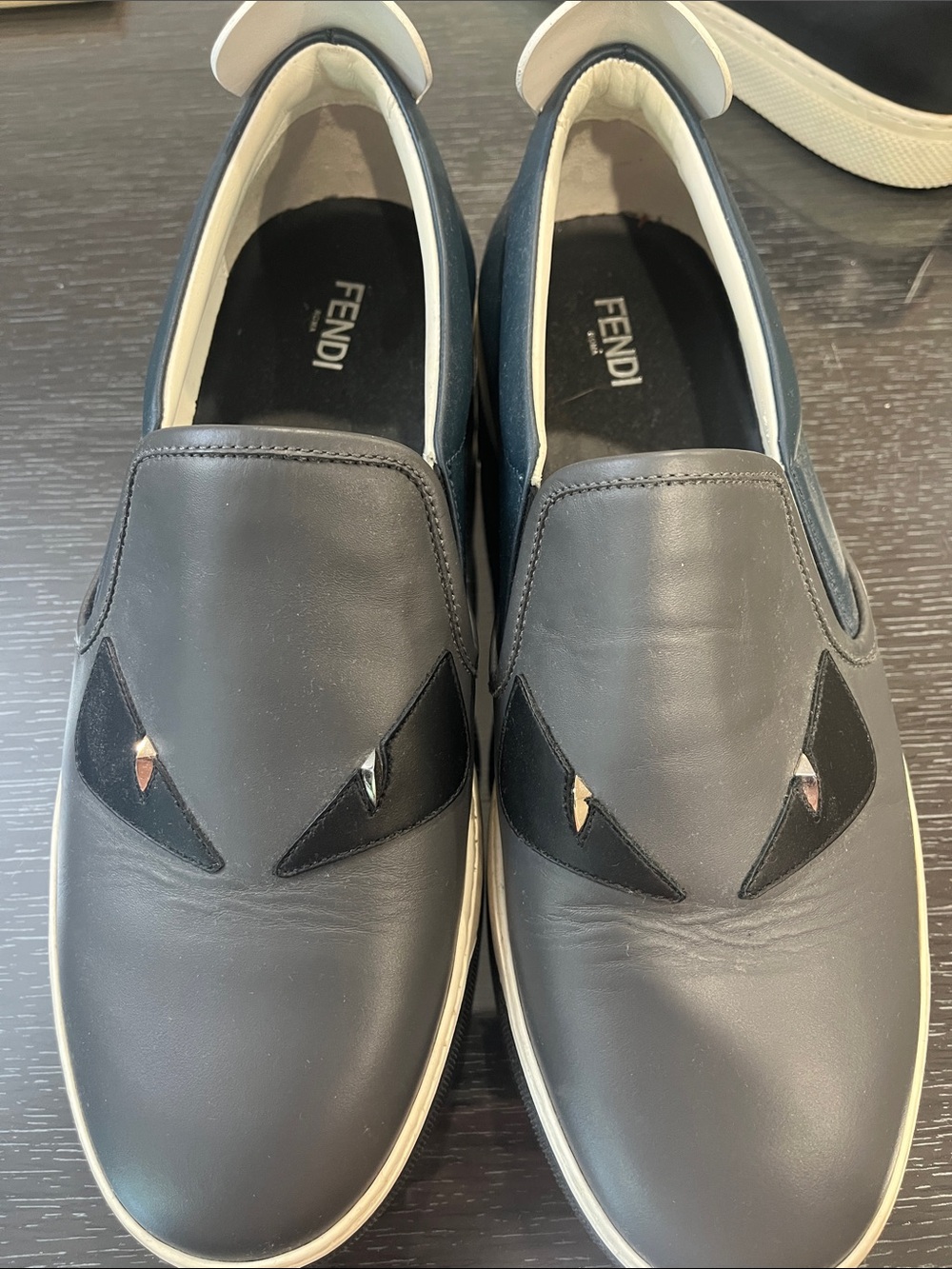 Fendi Black Leather Slip-On Loafers with Eye Motif